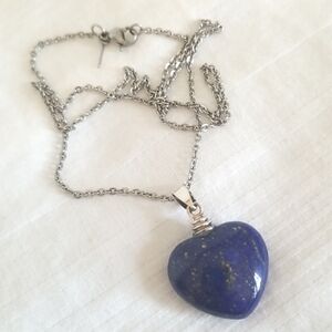 Lapis Lazuli Puffy Solid Heart Silver Necklace